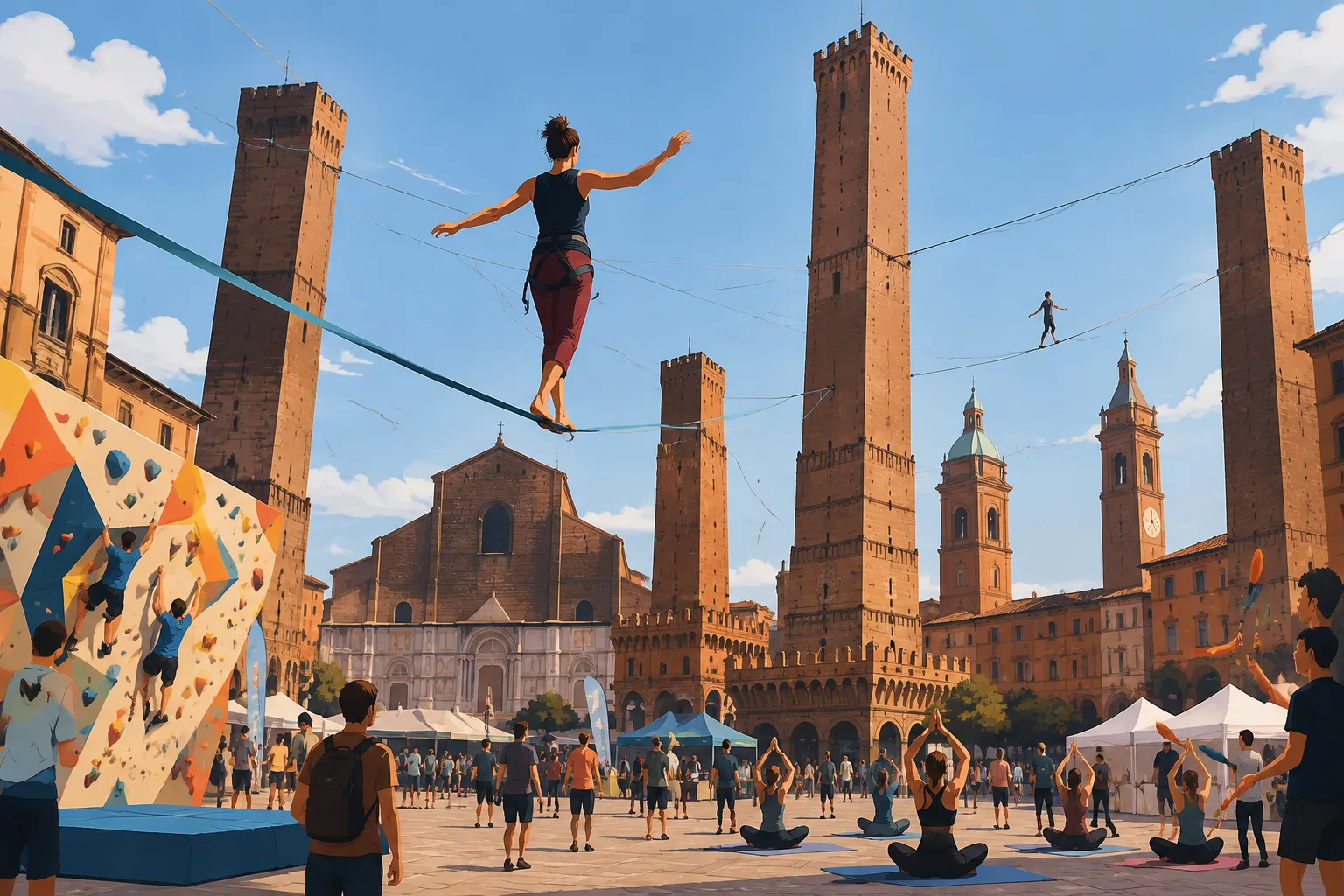 Bolo gets high: a Bologna tre giorni di slackline tra le torri e workshop in Piazza Maggiore