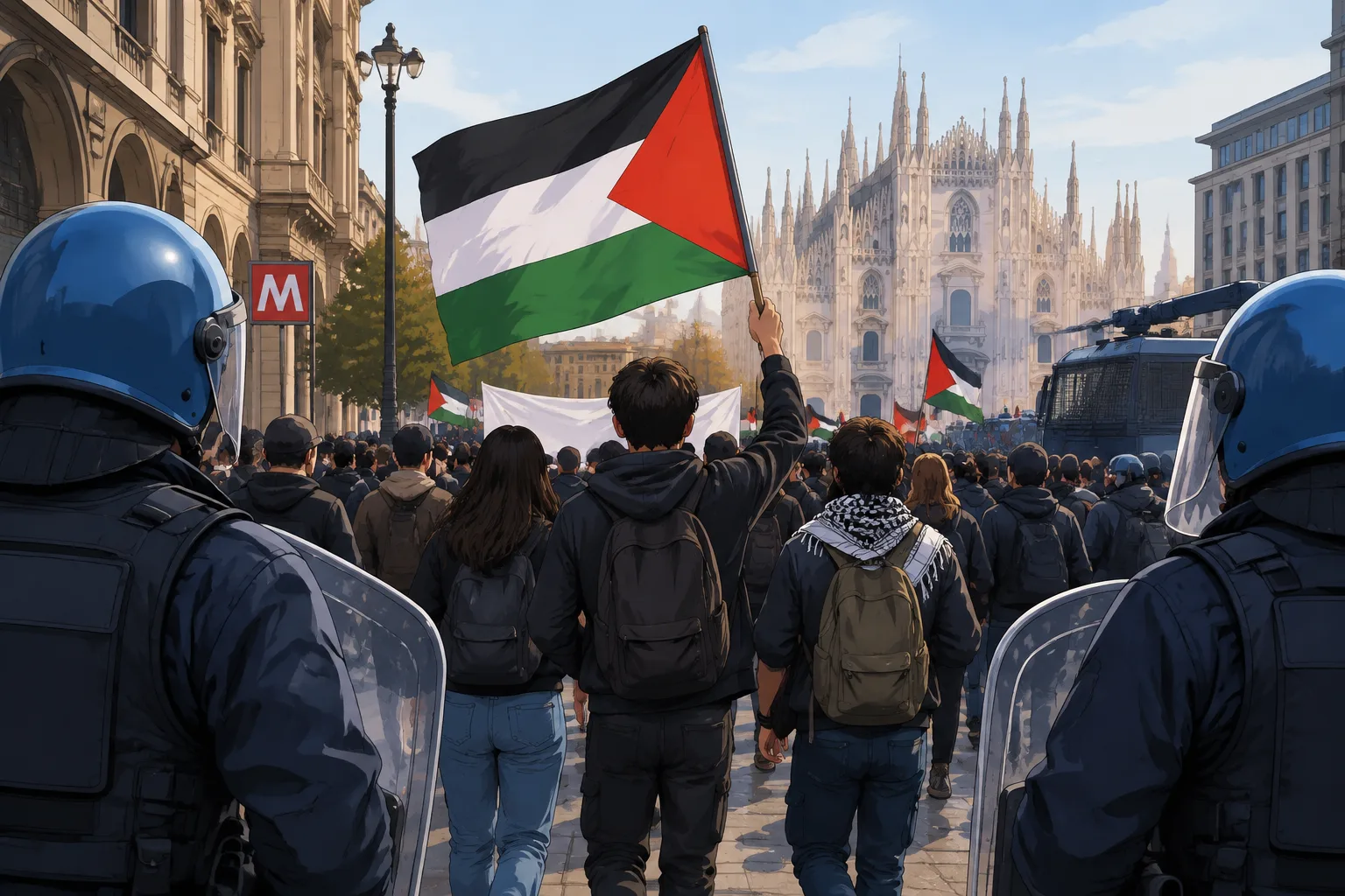 Studenti in corteo a Milano verso il Politecnico: controlli e interventi di polizia in centro