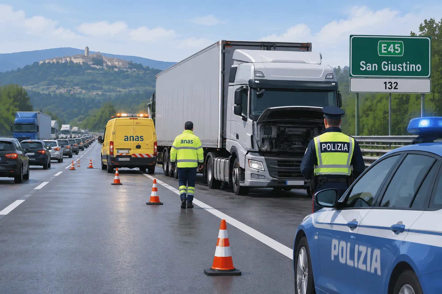 Camion in panne sulla E45 provoca rallentamenti a San Giustino