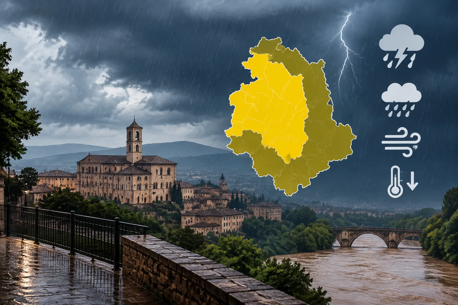 Perugia e provincia, allerta gialla: temporali il 7 ottobre, rischio idrogeologico l'8
