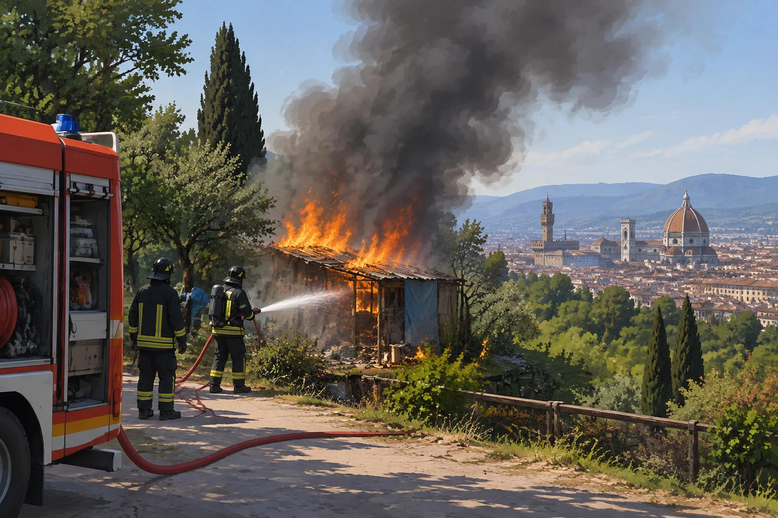 Baracca in fiamme sotto Piazzale Michelangelo, colonna di fumo visibile da lontano