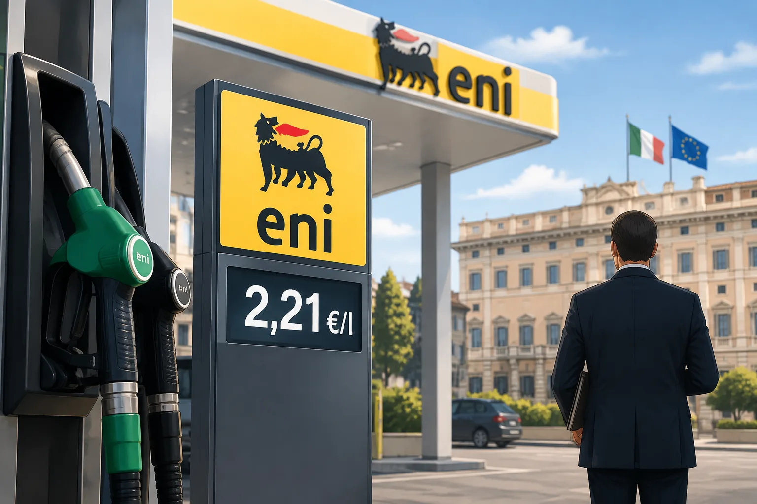Eni riduce parzialmente l'aumento: il listino scende a 2,21 €/l, replica a Palazzo Chigi