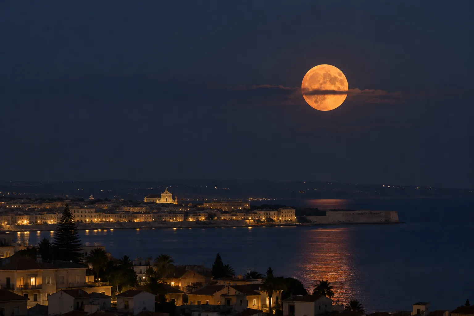 Siracusa, la Luna si colora d’arancio mentre una sottile nube la sfiora: l’immagine di Enrico Modica