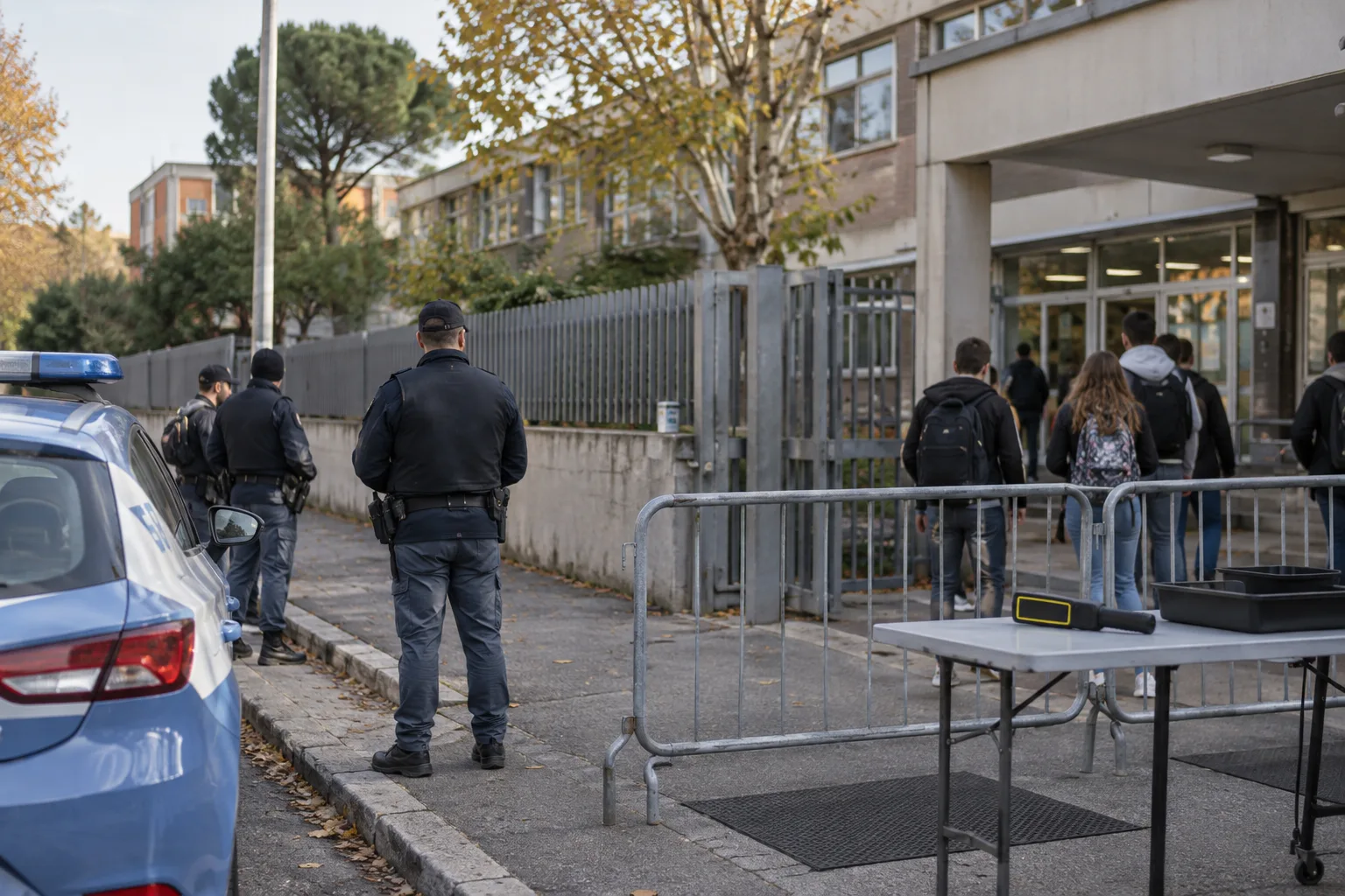 Polizia e metal detector davanti al liceo Amaldi di Tor Bella Monaca dopo un messaggio in chat