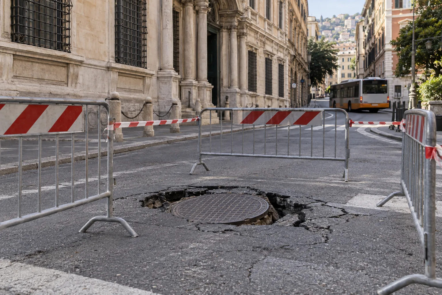 Tombino sprofonda in via Balbi: strada chiusa e autobus deviati verso Principe