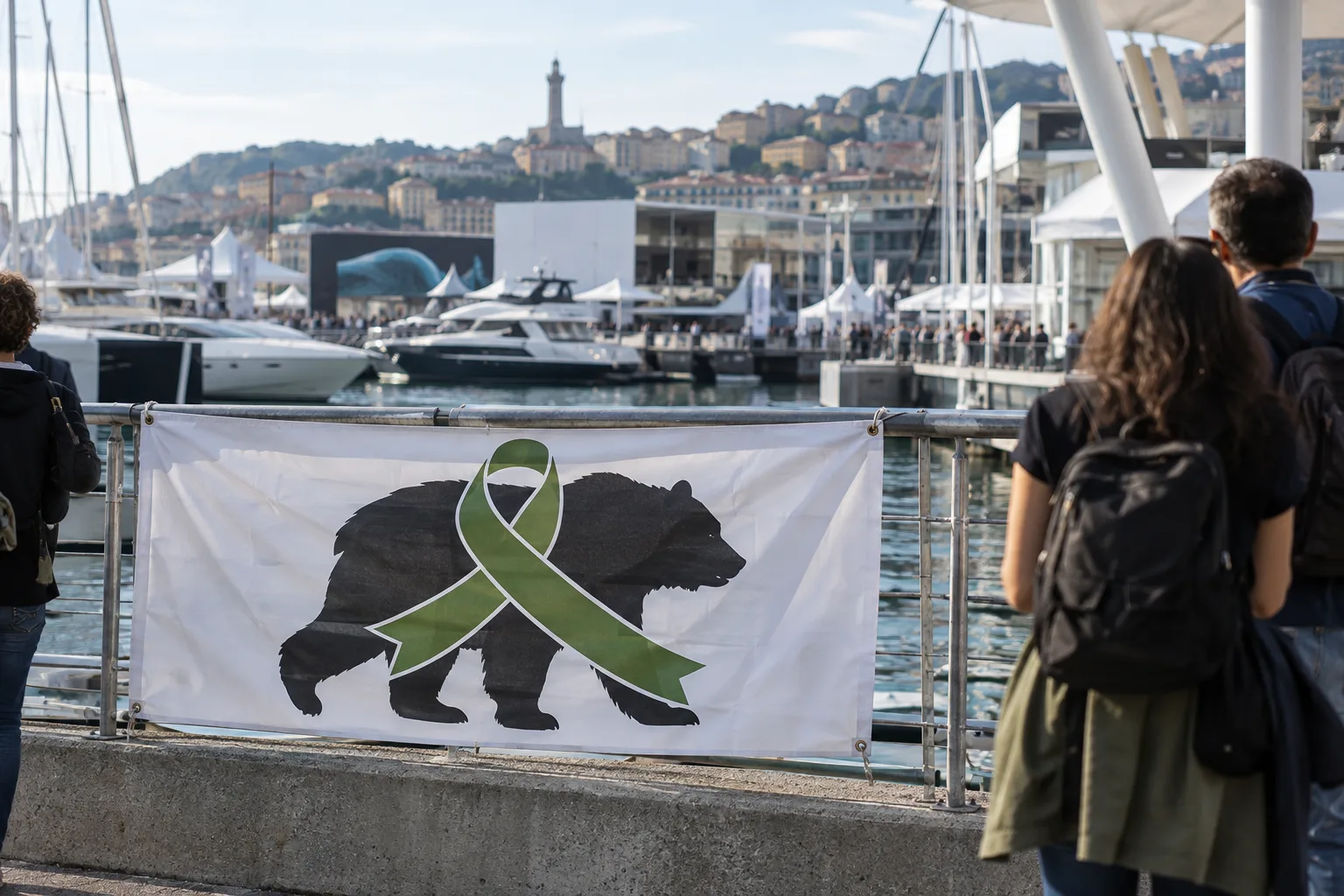 Striscione per l'orso Papillon al Salone Nautico di Genova