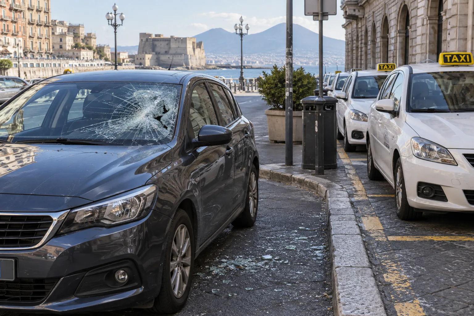 Rissa per un posto taxi a Napoli: video mostra calci, pugni e parabrezza rotto