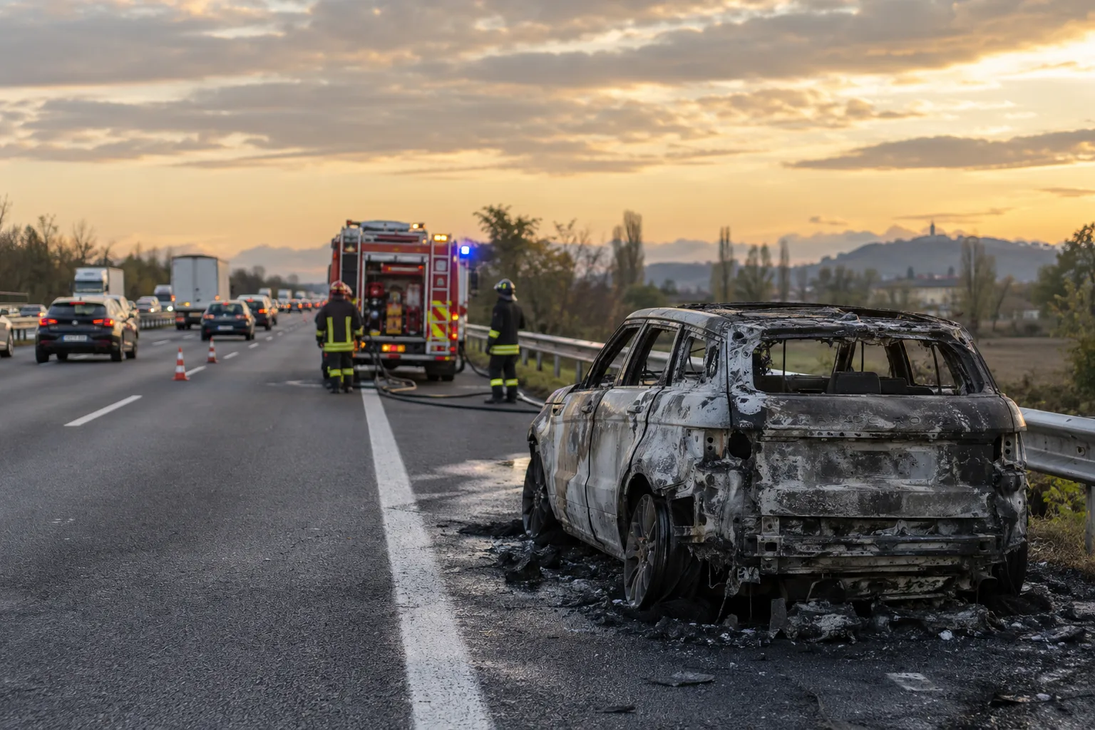 Range Rover Evoque in fiamme sull'A4 a Palazzolo: vettura distrutta, conducente illeso