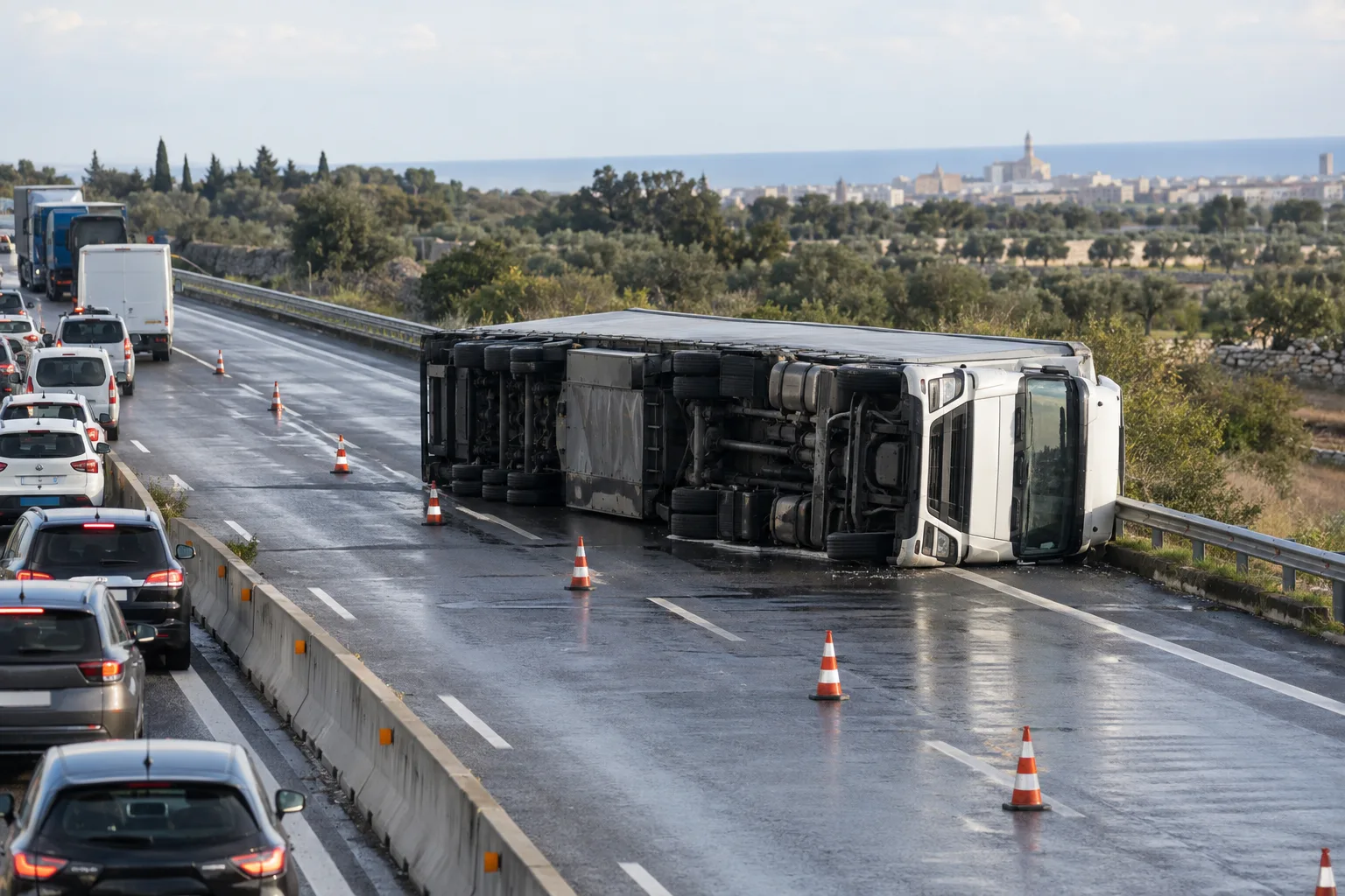 Mezzo pesante ribaltato: A14 chiusa tra Molfetta e Bitonto