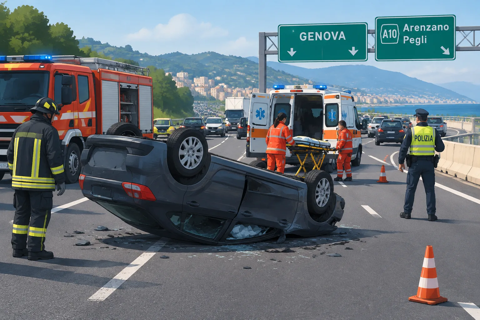 Auto ribaltata sulla A10 tra Pra' e Pegli: mattinata di code e traffico deviato