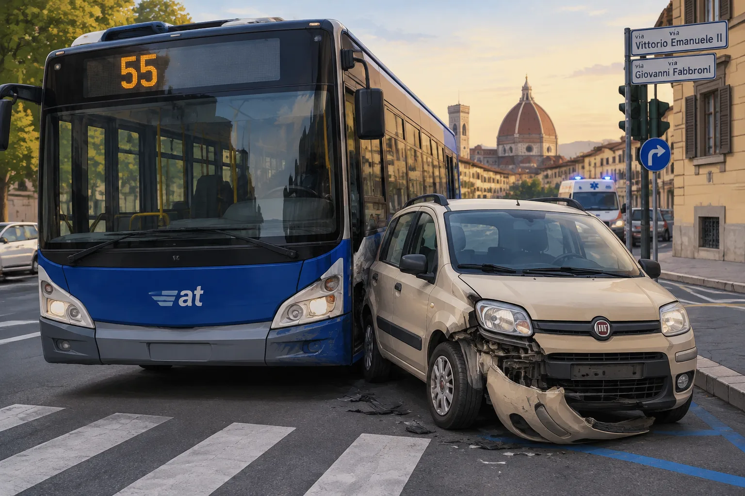 Autobus di linea coinvolto in incidente a Firenze: danneggiata una Fiat Panda
