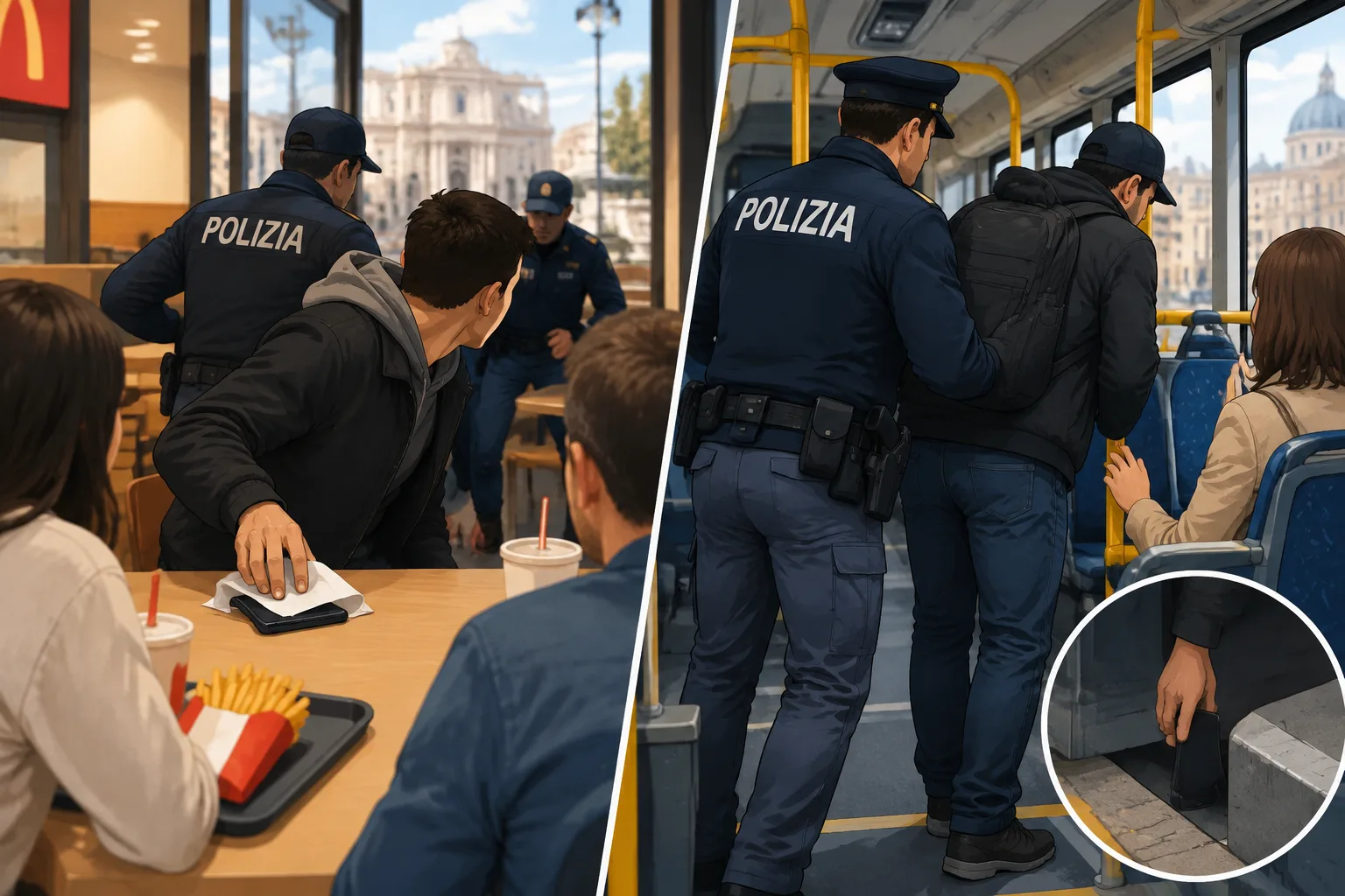Due arresti a Roma: tentativo di borseggio in un fast food e fermo su un autobus
