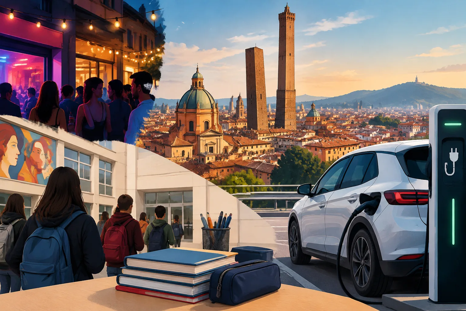 Bologna in dossier: la vita notturna, le scuole e la prova delle auto elettriche