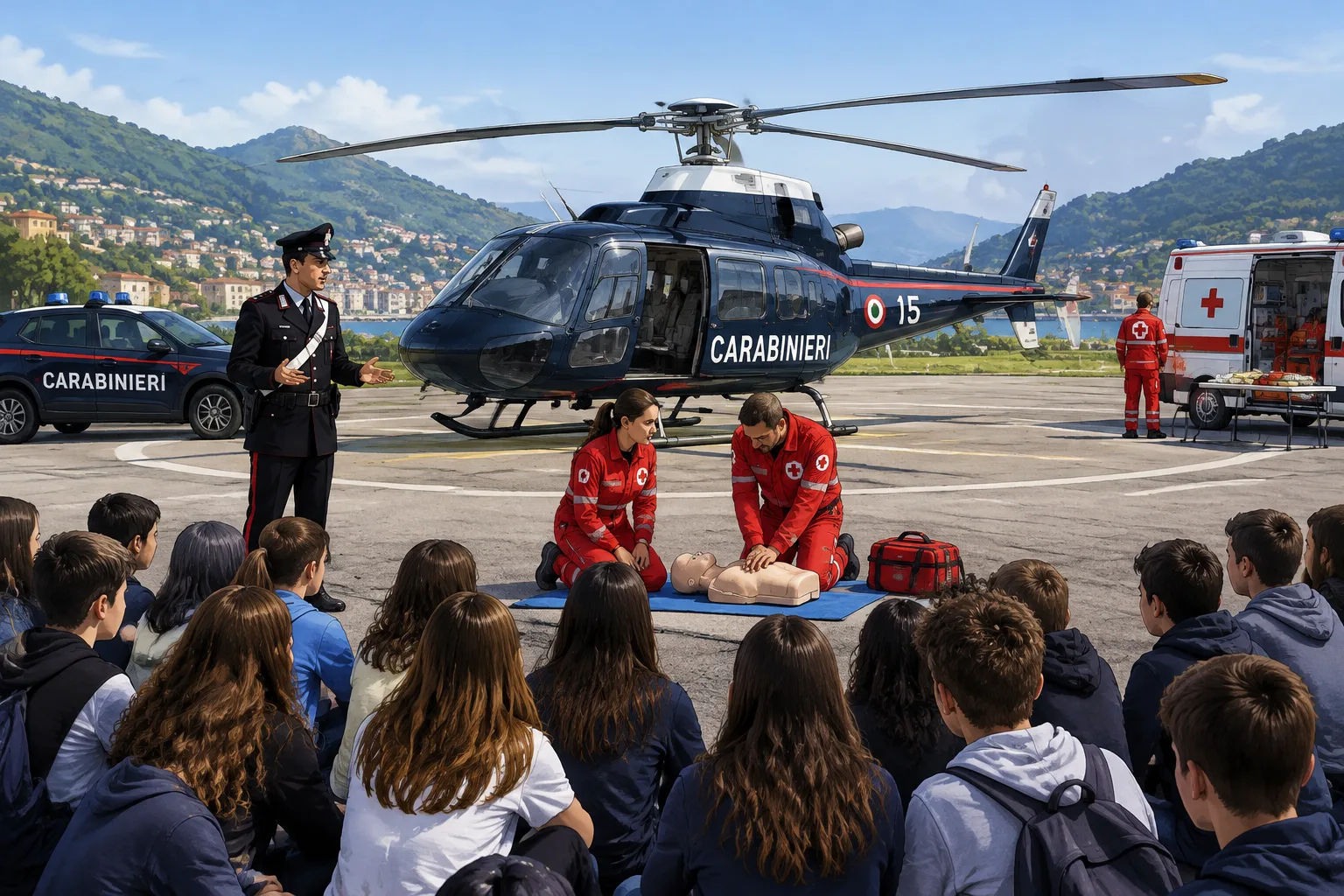 Elicottero dei carabinieri e lezioni di primo soccorso: oltre 100 studenti a Cogorno