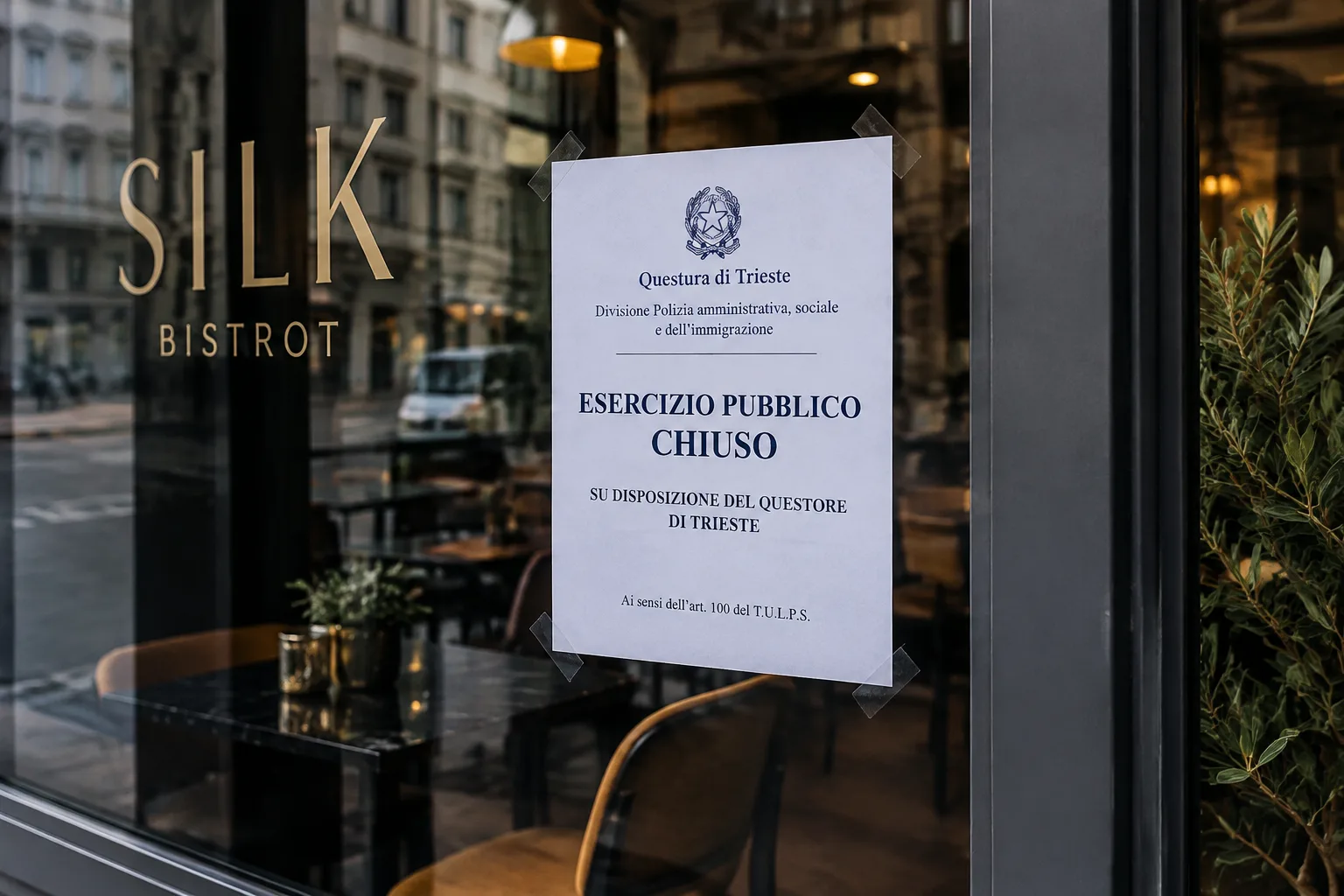 Silk Bistrot chiuso in via Luigi Cadorna: sulla vetrina l’avviso della Questura