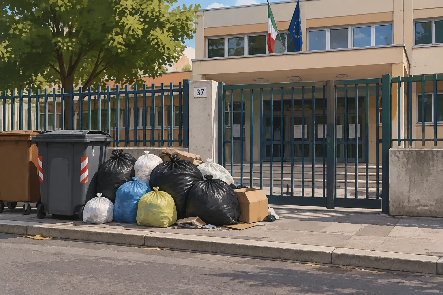 Segnalati rifiuti da oltre una settimana davanti alla media Lombardo Radice in via Ierone