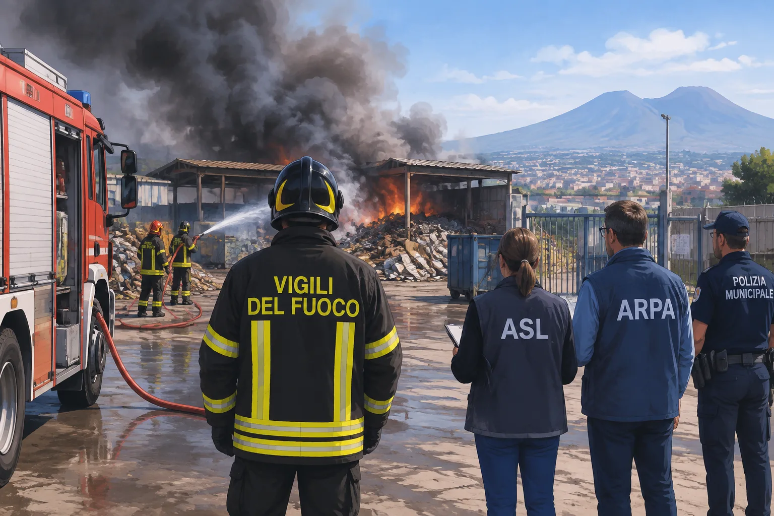Incendio all'isola ecologica di Pianura: intervento dei Vigili del Fuoco e sopralluogo delle autorità