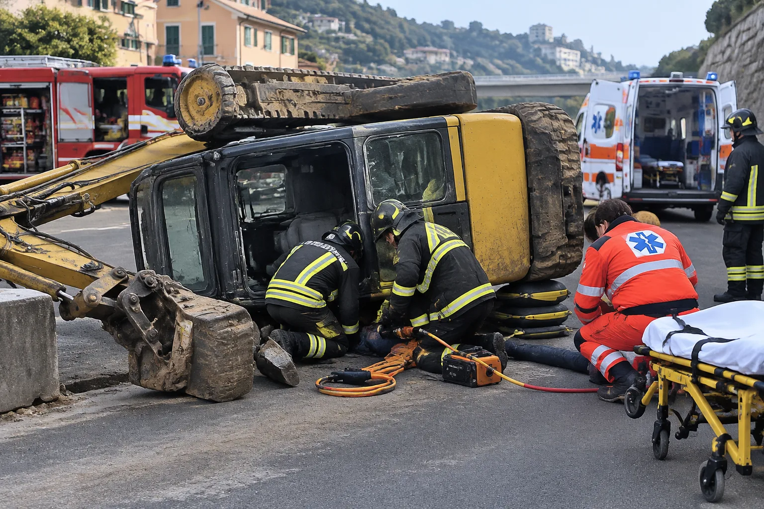 Pontedecimo: escavatore si ribalta in via Bidone, operaio di 55 anni trasportato al Voltri