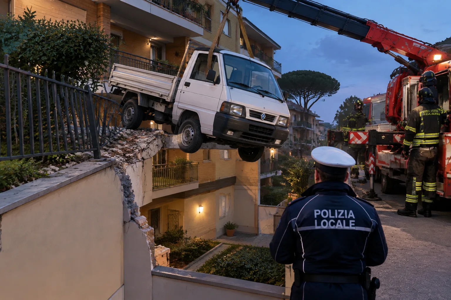 Alla Pisana un furgone abbatte una recinzione e resta in bilico su un condominio