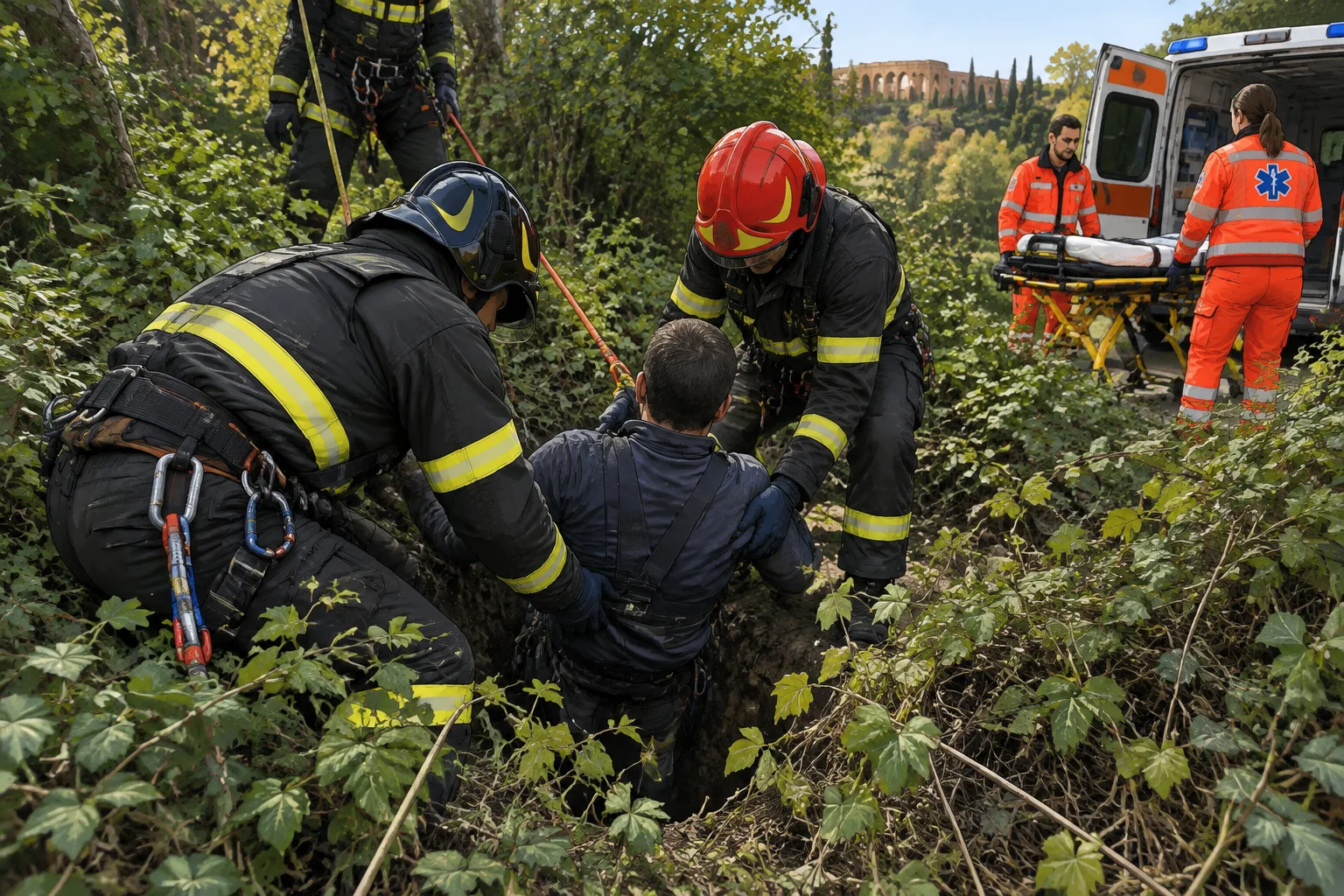 Uomo recuperato dopo la caduta in una voragine alla Caffarella