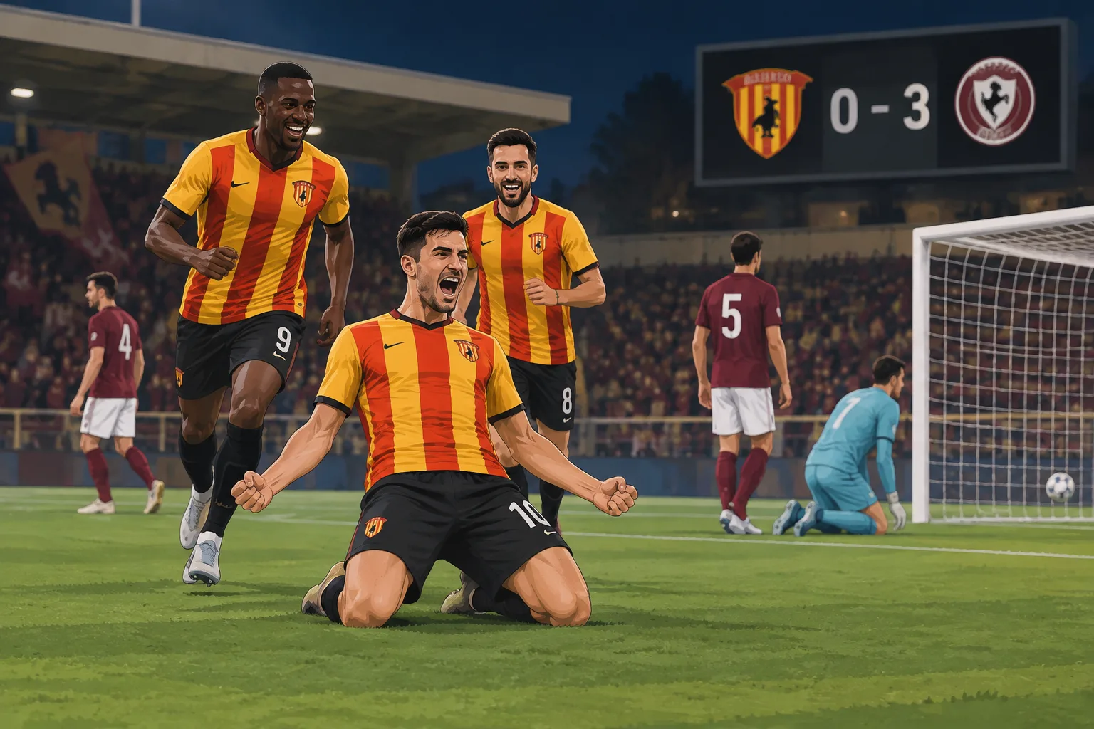 Il Benevento vince 3-0 ad Arezzo e si porta al quinto posto
