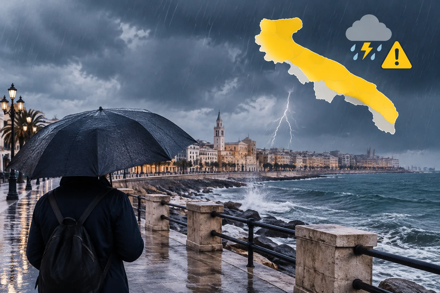 Allerta gialla per pioggia su Bari: temporali attesi sabato 24 ottobre
