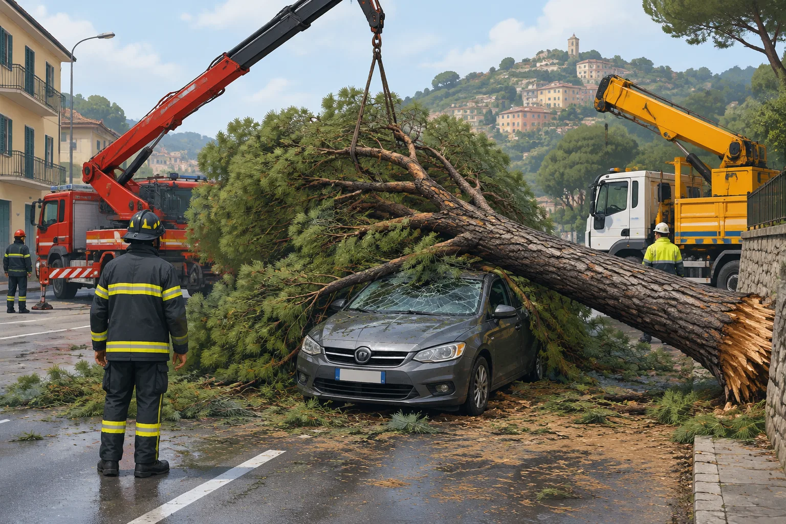 A Mignanego un pino marittimo cade in via Vittorio Veneto e danneggia un'auto