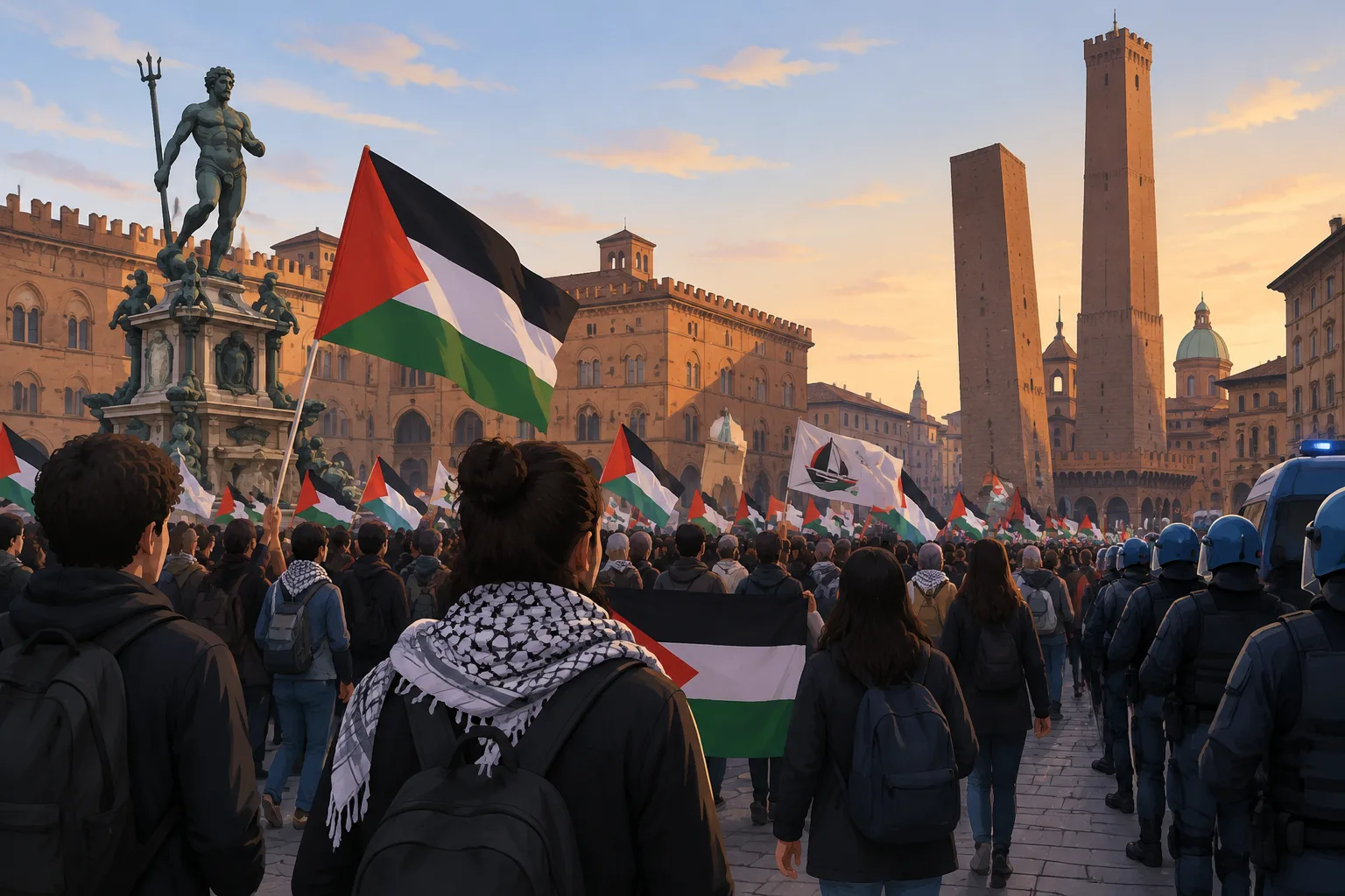 A Bologna migliaia in piazza per Gaza: concentramento a Piazza del Nettuno e corteo verso le Due Torri
