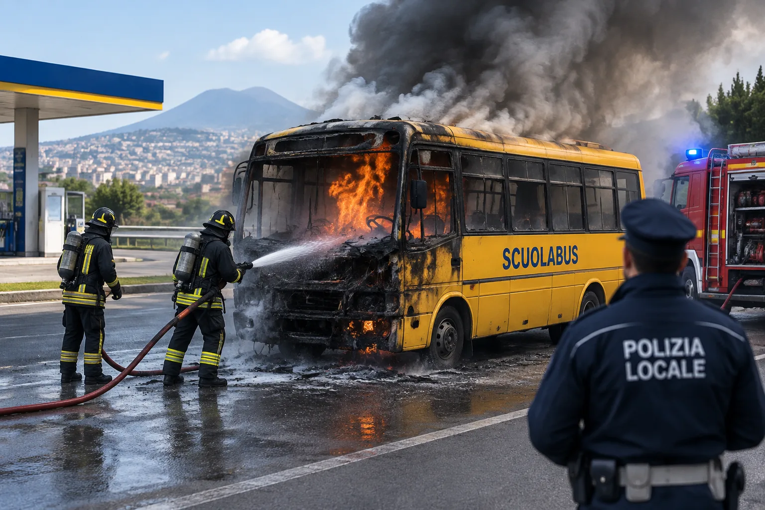 Scuolabus in fiamme a Marano: conducente illeso