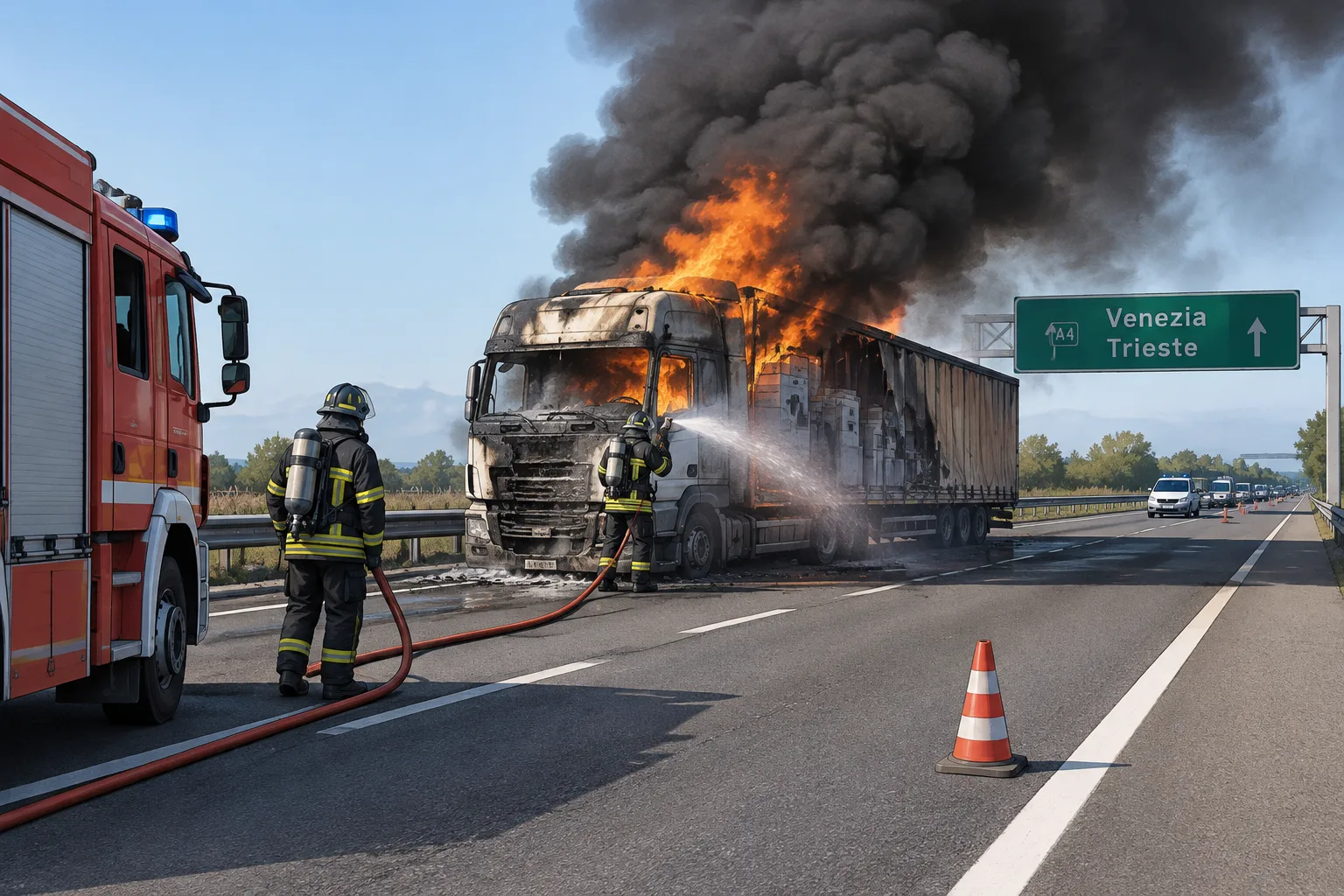 Camion in fiamme sulla A4: chiuso il tratto Portogruaro–San Donà, deviazioni per chi parte da Trieste