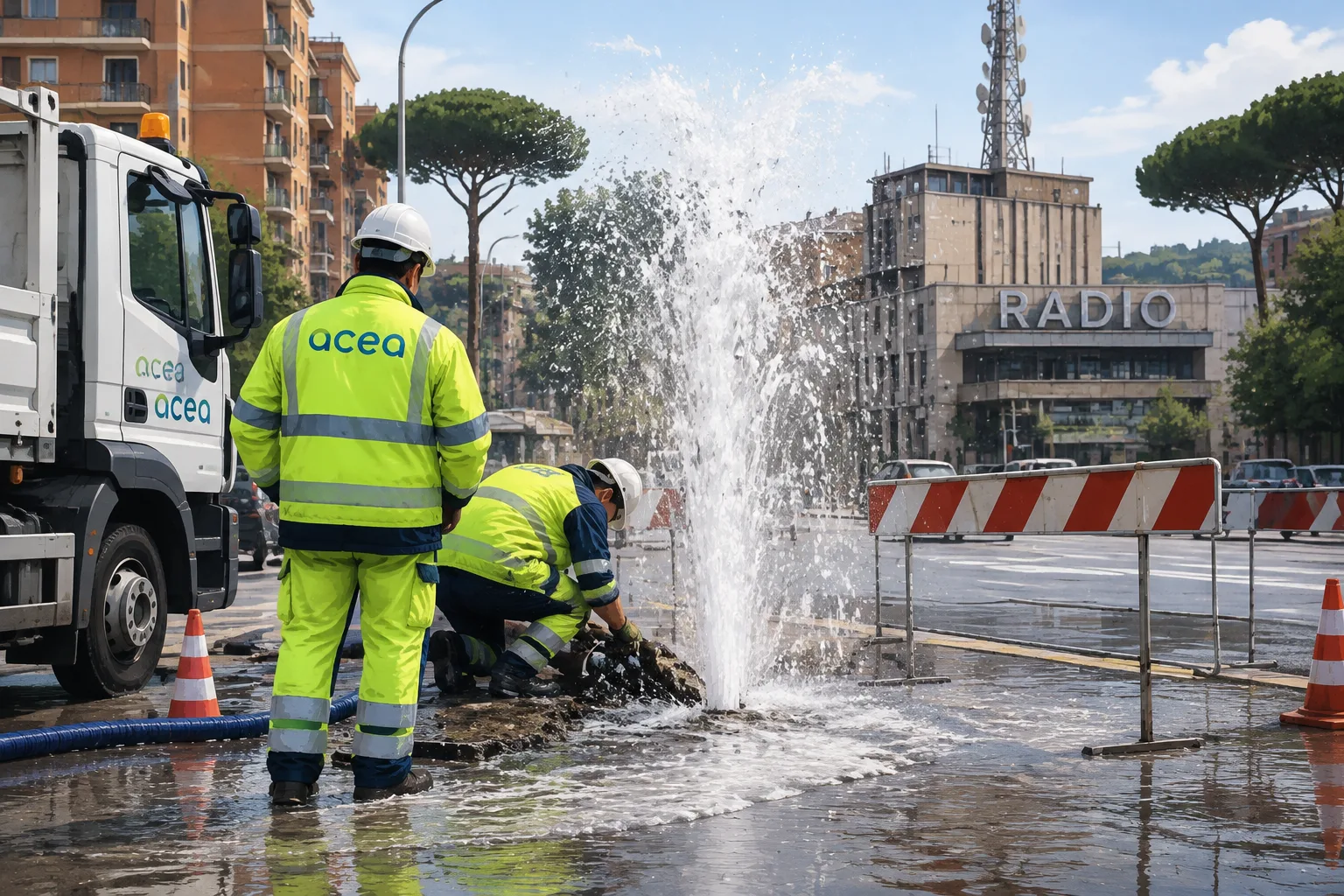 Marconi, una tubatura si rompe e provoca un getto d'acqua a piazzale della Radio