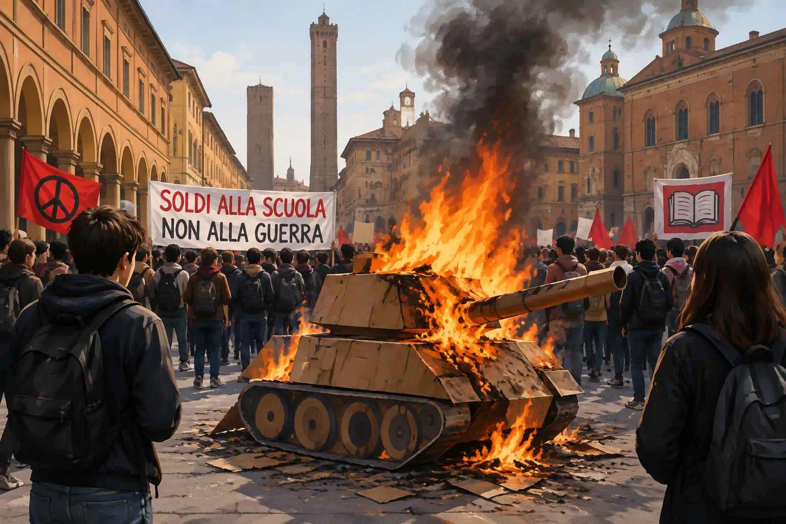 Studenti in corteo a Bologna: cori, striscioni e un carro armato di cartone dato alle fiamme
