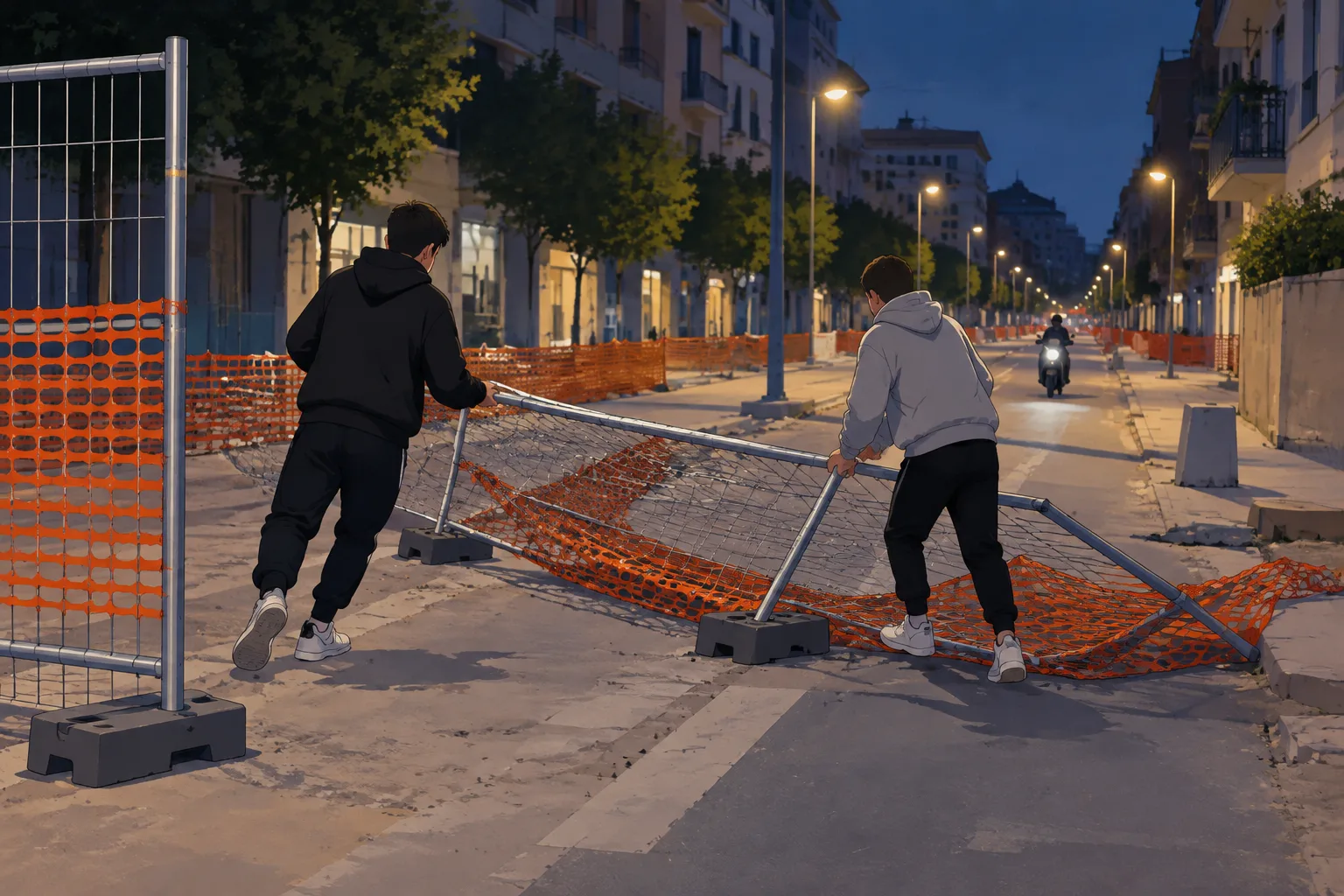 Via Manzoni, due ragazzi ripresi mentre abbattono le recinzioni del cantiere
