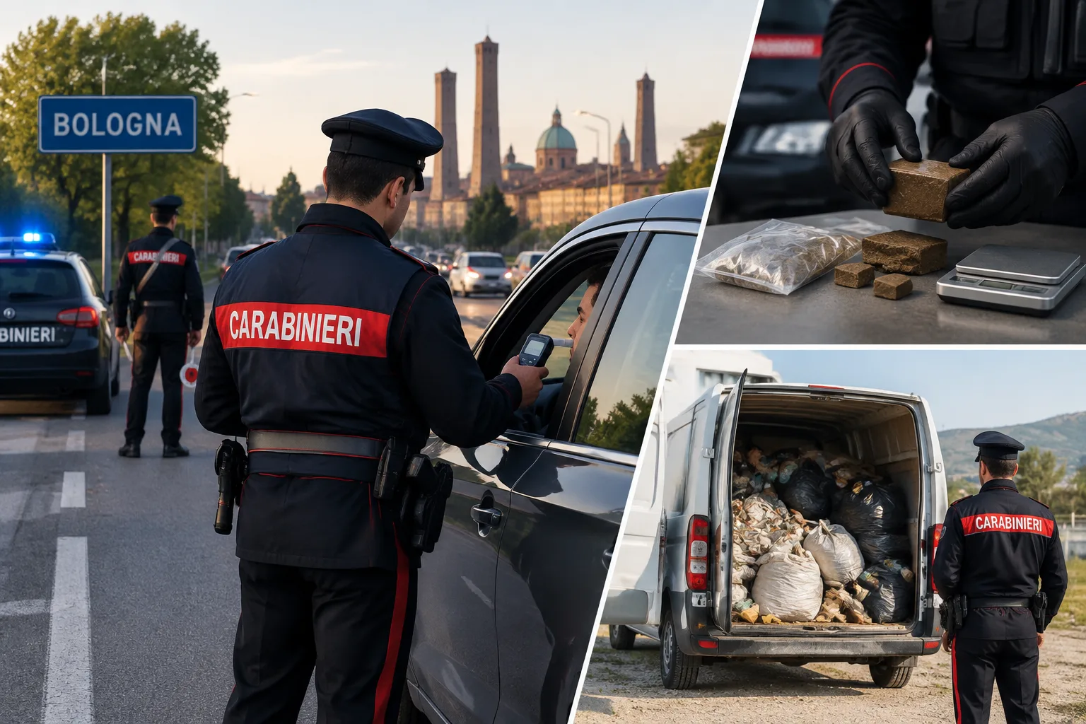 Controlli dei carabinieri a Bologna: 45 alcol test negativi, sequestri per droga e per rifiuti