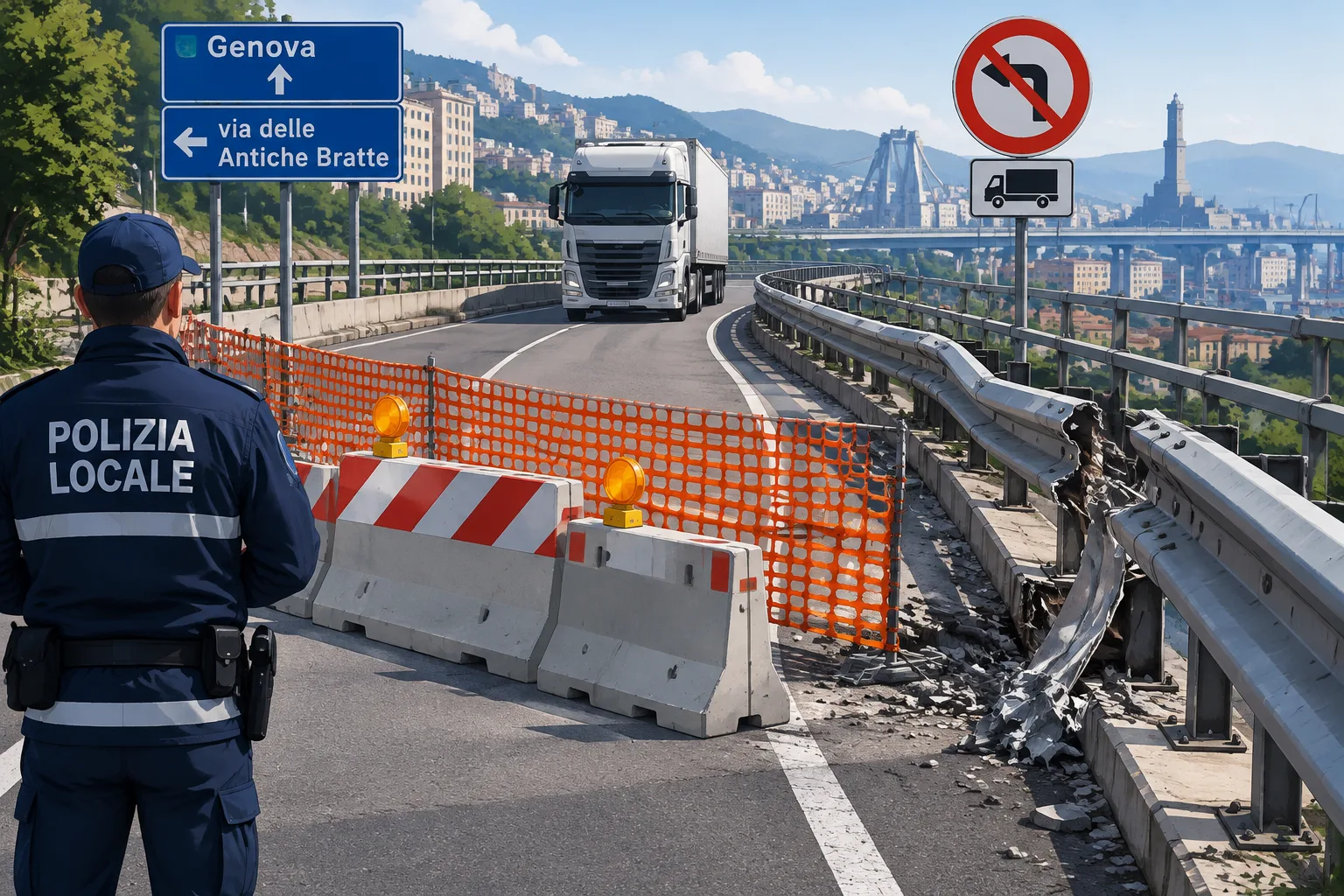 Bolzaneto, guardrail sventrato dai tir: chiusa la rampa verso via delle Antiche Bratte